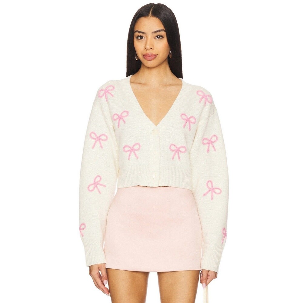 LOVESHACKFANCY Francette Cardigan Pink Bows Cute Coquette Sweater Size XXS